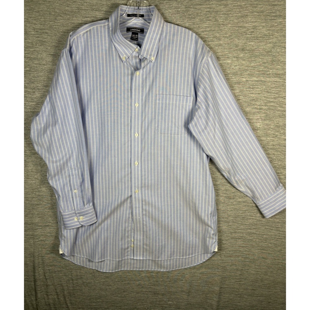 Lands End Supima No Iron Oxford Dress Shirt 16.5 32 Traditional Fit Blue Stripe